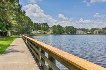 a view of a lake with apartment buildings and trees in the background